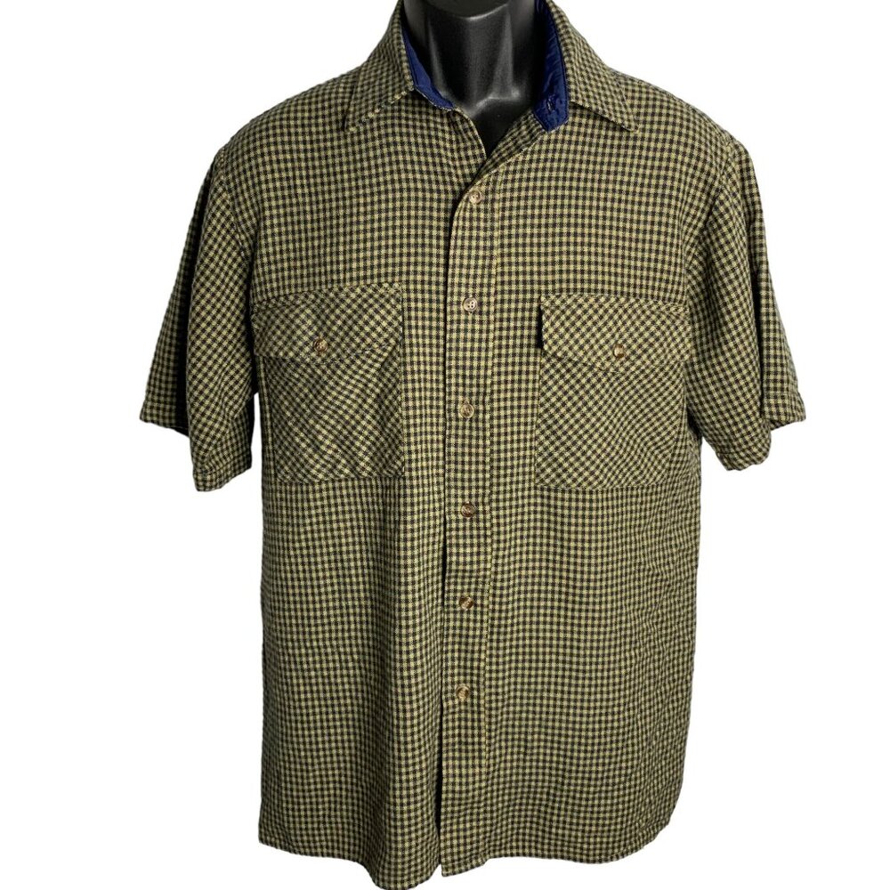 Vintage 90s Claybrooke Button Up Flannel Shirt M Blue Check Short Sleeve Pockets